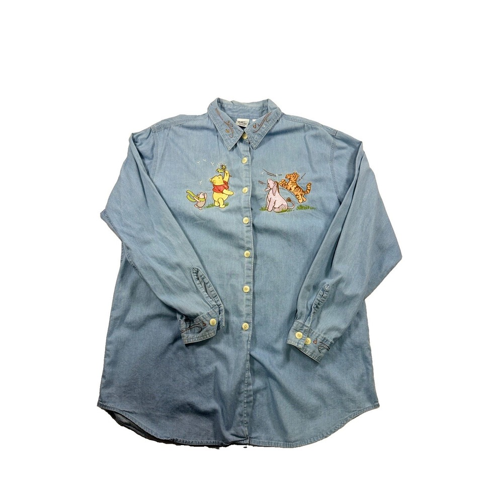Vintage Disney Store Winnie The Pooh Embroidered Jean Button Down Shirt Size XL